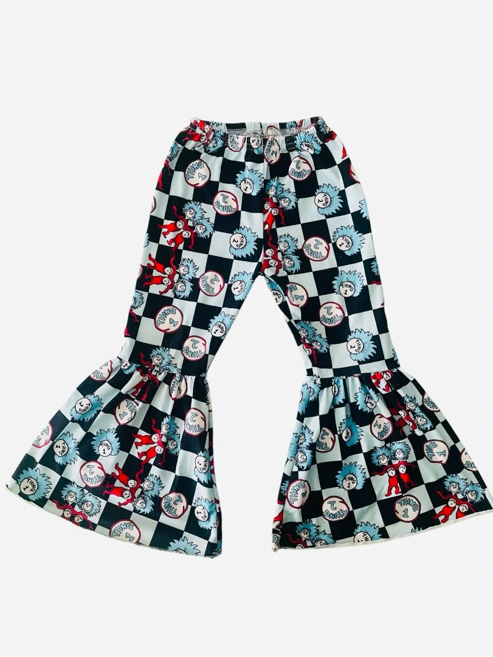Dr. Seuss thing 1 thing 2 bell bottoms pants 3T checkered flare cat hat used